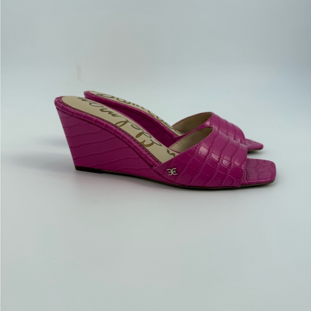 Sam Edelman Tesma Croc-Embossed Wedge Mules Hot -Pink Chic Statement Heels SZ-8 - Picture 12 of 17
